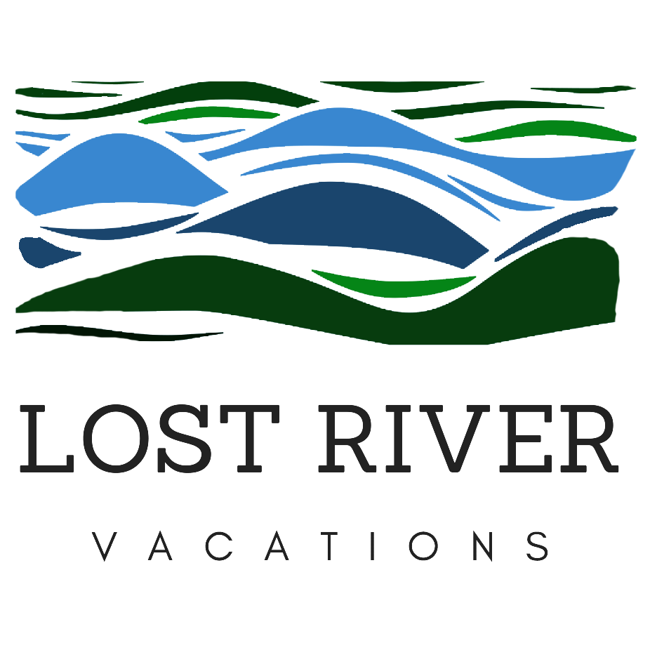Logo: Lost River Vacations on bottom, blue and green lines on top